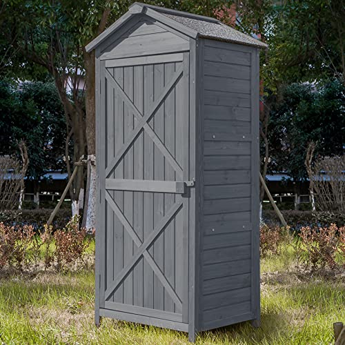 Outdoor Wooden Storage Cabinet Waterproof, Garden Tool Shed with Shelves & Folding Workstation, Outside Vertical Shed with Adjustable Pegs, Fir Wood, Lockable Arrow, Gray