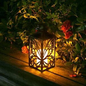 newvivid solar latern outdoor led solar garden lights, hanging butterfly lanterns solar powered with handle waterproof flickering flameless candle mission lights for table patio yard pathway