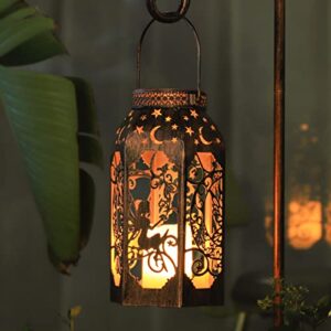 Solar Lanterns, Outdoor Garden Hanging Metal Bronze Star Moon Fairy Lanterns, Set of 1,9.3 Inch Waterproof Flickering Flameless Candle Mission Lights for Patio,Table,Pathway,Balcony,Party Decorative