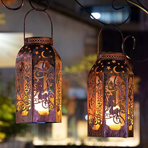 Solar Lanterns, Outdoor Garden Hanging Metal Bronze Star Moon Fairy Lanterns, Set of 1,9.3 Inch Waterproof Flickering Flameless Candle Mission Lights for Patio,Table,Pathway,Balcony,Party Decorative