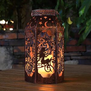 Solar Lanterns, Outdoor Garden Hanging Metal Bronze Star Moon Fairy Lanterns, Set of 1,9.3 Inch Waterproof Flickering Flameless Candle Mission Lights for Patio,Table,Pathway,Balcony,Party Decorative