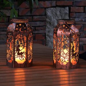 Solar Lanterns, Outdoor Garden Hanging Metal Bronze Star Moon Fairy Lanterns, Set of 1,9.3 Inch Waterproof Flickering Flameless Candle Mission Lights for Patio,Table,Pathway,Balcony,Party Decorative