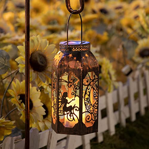 Solar Lanterns, Outdoor Garden Hanging Metal Bronze Star Moon Fairy Lanterns, Set of 1,9.3 Inch Waterproof Flickering Flameless Candle Mission Lights for Patio,Table,Pathway,Balcony,Party Decorative