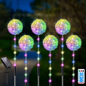 solar outdoor lights garden decor, 6 pack solar dandelion flower stake landscape lights ip65 waterproof with remote, 96 led 8 lighting modes outdoor decoration for lawn patio yard pathway party gift
