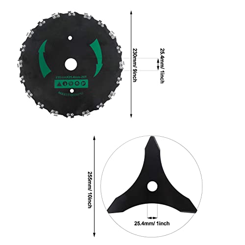 Patioer Chainsaw Tooth 9" Brush Blade and 3 Teeth 10" Steel Grass Brush Cutter Blade with Saw Chain Cutter Weeder Adapter Accessories