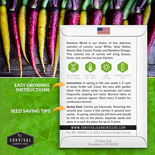 Survival Garden Seeds - Rainbow Blend Carrot Seed for Planting - Packet with Instructions to Plant and Grow White, Yellow, Red, Orange & Purple Carrots in Your Home Vegetable Garden - Non-GMO Heirloom