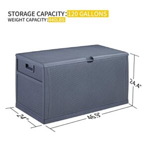 DOIT 120 Gallon Deck Box, Large Waterproof Outdoor Deck Storage Box Resin Wicker Storage Bench Box for Outdoor Pillows, Pool Toys, Garden Tools Storing - Dark Grey