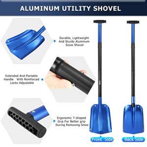 43" Aluminum Snow Shovel for Car Trunk, 4 Sections Collapsible Design Garden/Sport Utility Shovel Portable Snow Scoop Sand Mud Snow Removal Tool for Camping & Outdoor Activities (Blue)