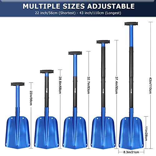 43" Aluminum Snow Shovel for Car Trunk, 4 Sections Collapsible Design Garden/Sport Utility Shovel Portable Snow Scoop Sand Mud Snow Removal Tool for Camping & Outdoor Activities (Blue)