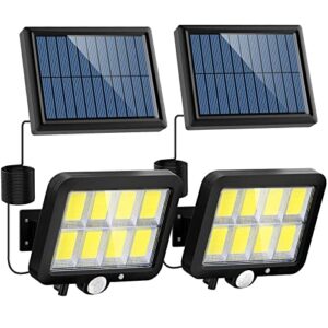 solar motion sensor light outdoor, 320 bright cob led, 16.4ft cable, 3 working mode, adjustable solar panel, wired solar powered security flood lights for indoor use, wall, yard, garage, garden(2 set)