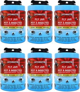 reusable trap fly jar by catchmaster – 6 count, ready to use outdoors. flying insect bugtrap, water soluble attract attractant scent. blowfly trap captures hundreds of common flies – made in the usa