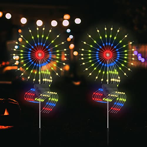 Skcoipsra 2 Pack Solar Garden Lights, 400LEDs Solar Fireworks Lights with 8 Lighting Modes and Remote Control, Waterproof Solar Starburst String Lights for Walkway, Garden, Patio, Multi-Colored