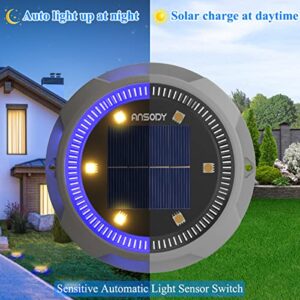 Ansody Solar Ground Lights,IP65 Waterproof Driveway Lights,Outdoor Disk Light,12Hrs Lighting/1000mAh Battery,Solar Powered Garden Light Landscape Light for Yard Pathway Lawn(Warm White+Blue,4Pack)