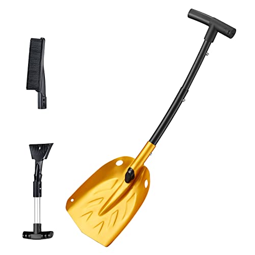 Folding Snow Shovel for Car Aluminum Lightweight Emergency Shovel Kit with Ice Scraper Brush and Metal T-Handle Portable Snow Removel Tool for Garden Camping Truck Yellow