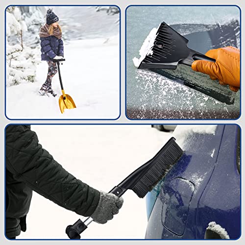 Folding Snow Shovel for Car Aluminum Lightweight Emergency Shovel Kit with Ice Scraper Brush and Metal T-Handle Portable Snow Removel Tool for Garden Camping Truck Yellow