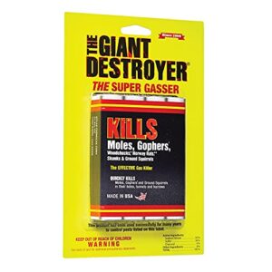 the giant destroyer (gas killer) (1pack of 4 tubes) kills moles, gophers, woodchucks, norway rats, skunks, ground squirrels in their holes, tunnels, burrows. no dealing w/ dead pest, better than traps