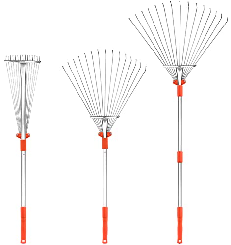 Buyplus Adjustable Garden Leaf Rake - 24 to 63 Inch Telescopic Metal Rake, Expandable Folding Leaves Rake for Lawn Yard, Flowers Beds and Roof