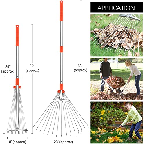 Buyplus Adjustable Garden Leaf Rake - 24 to 63 Inch Telescopic Metal Rake, Expandable Folding Leaves Rake for Lawn Yard, Flowers Beds and Roof