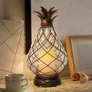MOZEAL 13" Outdoor Glass Pineapple Lantern,Ip44 Waterproof,6 Hours Timer,Decorative Candle Lantern,with Flameless Candles,Battery Operated,for Front Porch/Patio/Beach/Garden/Pineapple Theme Decor