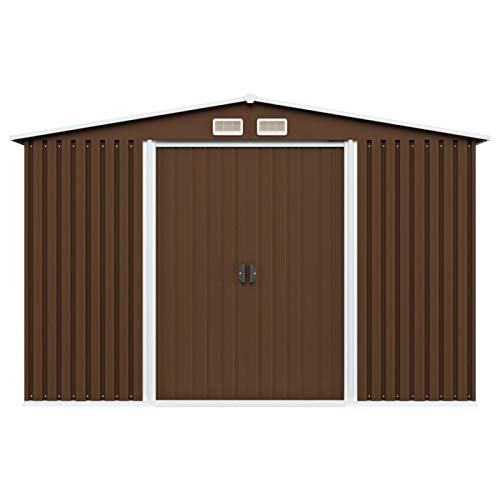 Festnight Garden Storage Shed with 4 Vents Metal Steel Double Sliding Doors Outdoor Tood Shed Patio Lawn Care Equipment Pool Supplies Organizer Brown 101.2 x 80.7 x 70.1 Inches (W x D x H)