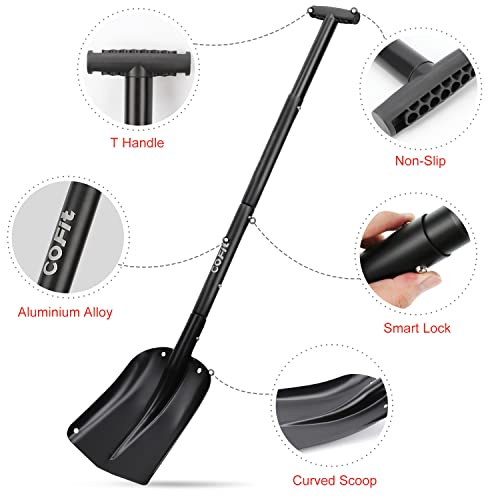 COFIT 43" Retractable Snow Shovel, Aluminium Alloy Snow Sand Mud Removal Tool for Car Outdoor Camping and Garden, Detachable Four-Piece Construction, Black