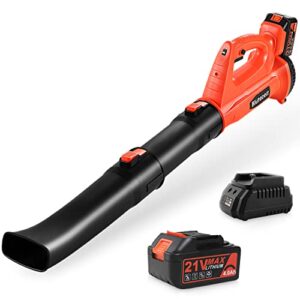 cordless leaf blower – blütezeit 21v electric leaf blower 320cfm 150mph with 4.0ah battery & charger, 6-speed dial, 2-section tubes, battery powered for lawn care, snow, yard, debris & dust
