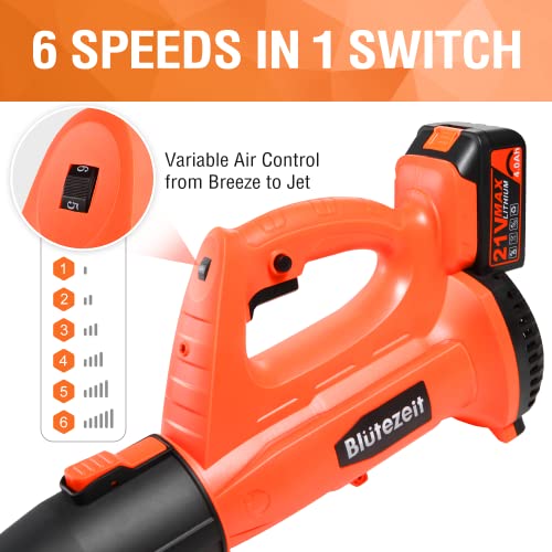 Cordless Leaf Blower - Blütezeit 21V Electric Leaf Blower 320CFM 150MPH with 4.0Ah Battery & Charger, 6-Speed Dial, 2-Section Tubes, Battery Powered for Lawn Care, Snow, Yard, Debris & Dust