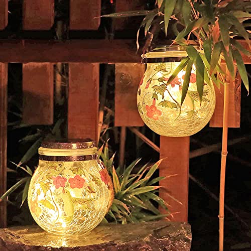 Hanging Solar Outdoor Lanterns Waterproof Crackle Glass Solar Outdoor 30 LED Lights Garden Hummingbirds Decor for Yard Lawn Garden Patio Decorations, 2 Pack