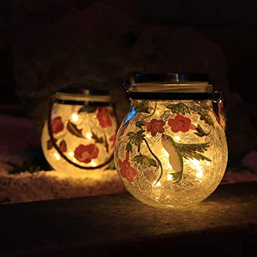 Hanging Solar Outdoor Lanterns Waterproof Crackle Glass Solar Outdoor 30 LED Lights Garden Hummingbirds Decor for Yard Lawn Garden Patio Decorations, 2 Pack