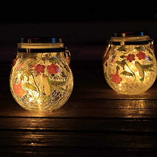 Hanging Solar Outdoor Lanterns Waterproof Crackle Glass Solar Outdoor 30 LED Lights Garden Hummingbirds Decor for Yard Lawn Garden Patio Decorations, 2 Pack