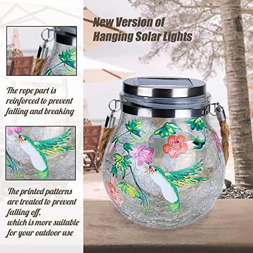 Hanging Solar Outdoor Lanterns Waterproof Crackle Glass Solar Outdoor 30 LED Lights Garden Hummingbirds Decor for Yard Lawn Garden Patio Decorations, 2 Pack