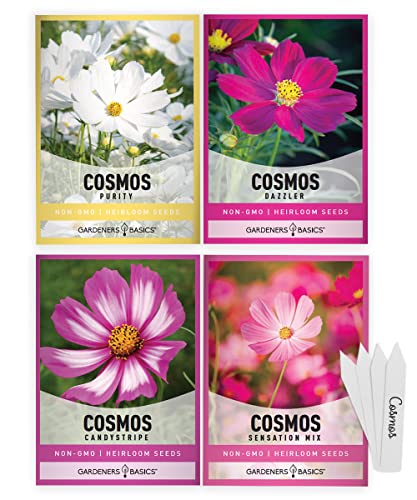 Cosmos Seeds for Planting Outdoors Flower Seeds (4 Variety Pack) Cosmos Candystripe, Sensation Mix, Dazzler, Purity Pink and White Varieties for Bees, Pollinators Wildflower Seed by Gardeners Basics