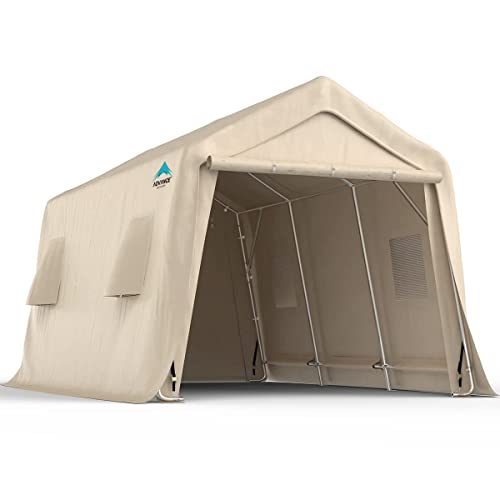 ADVANCE OUTDOOR 10X15 ft Garage Shelter Steel Metal Peak Roof Anti-Snow Portable Storage Shed Carports for Motorcycle Boat or Garden Tools with 2 Roll up Doors & Vents, Beige