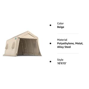 ADVANCE OUTDOOR 10X15 ft Garage Shelter Steel Metal Peak Roof Anti-Snow Portable Storage Shed Carports for Motorcycle Boat or Garden Tools with 2 Roll up Doors & Vents, Beige