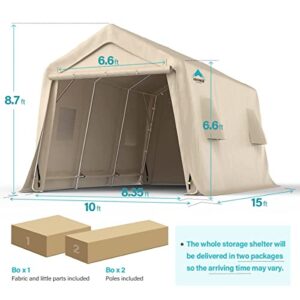 ADVANCE OUTDOOR 10X15 ft Garage Shelter Steel Metal Peak Roof Anti-Snow Portable Storage Shed Carports for Motorcycle Boat or Garden Tools with 2 Roll up Doors & Vents, Beige