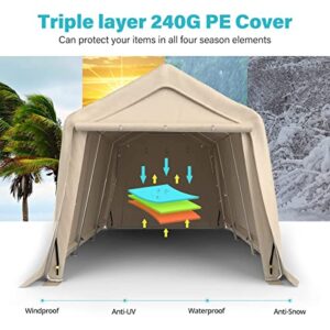 ADVANCE OUTDOOR 10X15 ft Garage Shelter Steel Metal Peak Roof Anti-Snow Portable Storage Shed Carports for Motorcycle Boat or Garden Tools with 2 Roll up Doors & Vents, Beige