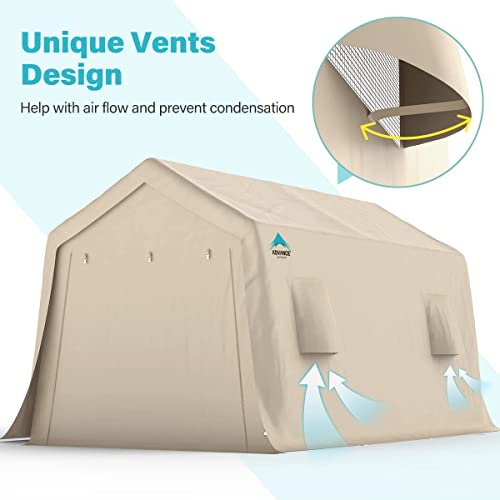 ADVANCE OUTDOOR 10X15 ft Garage Shelter Steel Metal Peak Roof Anti-Snow Portable Storage Shed Carports for Motorcycle Boat or Garden Tools with 2 Roll up Doors & Vents, Beige