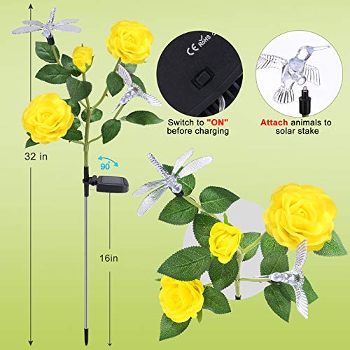 TYNLED Solar Lights Outdoor Decorative, Waterproof LED Multi-Color Changing Outdoor Solar Garden Statues Decor Lights Rose Flowers Solar Stake Lights Hummingbird Dragonfly for Garden Yard (Yellow)
