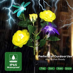 TYNLED Solar Lights Outdoor Decorative, Waterproof LED Multi-Color Changing Outdoor Solar Garden Statues Decor Lights Rose Flowers Solar Stake Lights Hummingbird Dragonfly for Garden Yard (Yellow)