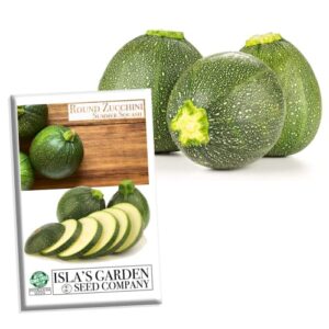 round zucchini summer squash seeds for planting, (eight ball zucchini), 40+ heirloom seeds per packet, (isla’s garden seeds), non gmo seeds, botanical name: cucurbirta pepo