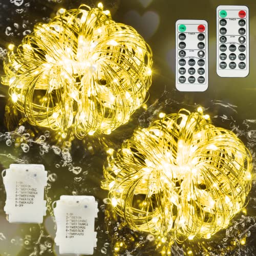 100 LED Fairy String Lights Battery Operated 8 Modes with 4 Timer Remote 33ft Silver Copper Wire Twinkle Starry Firefly Lights for Bedroom Patio Garden Christmas Wedding Decor(2 Pack Warm White)