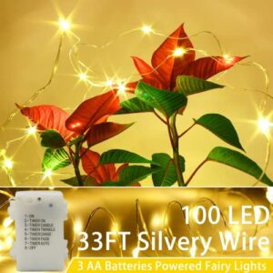 100 LED Fairy String Lights Battery Operated 8 Modes with 4 Timer Remote 33ft Silver Copper Wire Twinkle Starry Firefly Lights for Bedroom Patio Garden Christmas Wedding Decor(2 Pack Warm White)