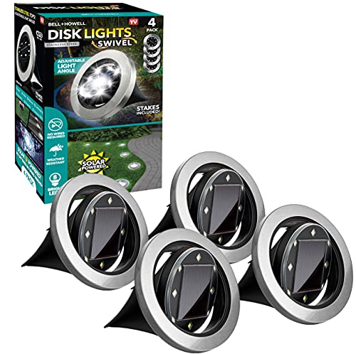 Bell+Howell Swivel Disk Lights Set of 4 Solar Ground Lights with 8 LED Bulbs - Landscape Lighting for Outdoor, Yard, Garden and Lawn – Wireless, Easy Installation, Stakes Included - As Seen On TV