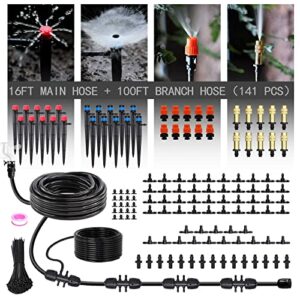 drip irrigation kit, muciakie 116ft irrigation system, irrigation trubing watering system plant watering devices adjustable nozzle emitters sprinkler barbed fittings