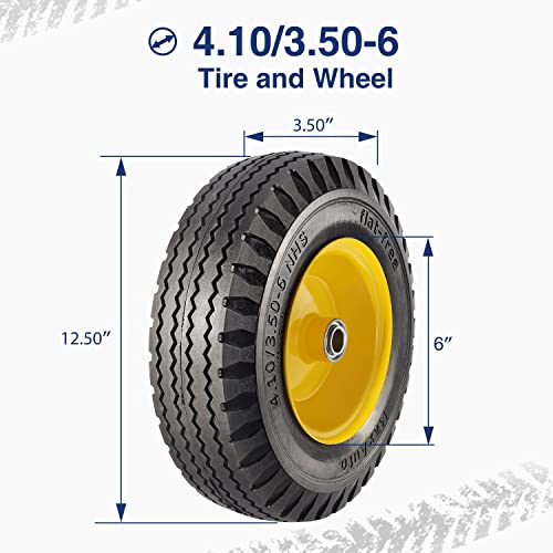 MaxAuto 2 Pcs 4.10/3.50-6" Flat Free Tire, Hand Truck/All Purpose Utility Tire on Wheel, 3" Centered Hub, 3/4" Bearings, Yellow Steel