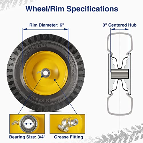 MaxAuto 2 Pcs 4.10/3.50-6" Flat Free Tire, Hand Truck/All Purpose Utility Tire on Wheel, 3" Centered Hub, 3/4" Bearings, Yellow Steel