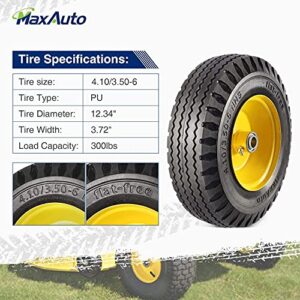 MaxAuto 2 Pcs 4.10/3.50-6" Flat Free Tire, Hand Truck/All Purpose Utility Tire on Wheel, 3" Centered Hub, 3/4" Bearings, Yellow Steel