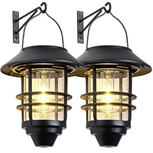 solar lantern outdoor lights, hanging wireless waterproof lantern lights with wall mount kit for garden porch fence 2 pack