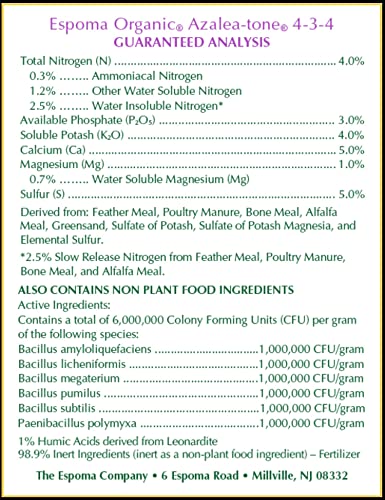 Espoma Organic Azalea-Tone 4-3-4 Natural & Organic Fertilizer and Plant Food for All Flowering Evergreen Shrubs. 4 lb. Bag. Use for Planting & Feeding to Promote Growth & Blooming