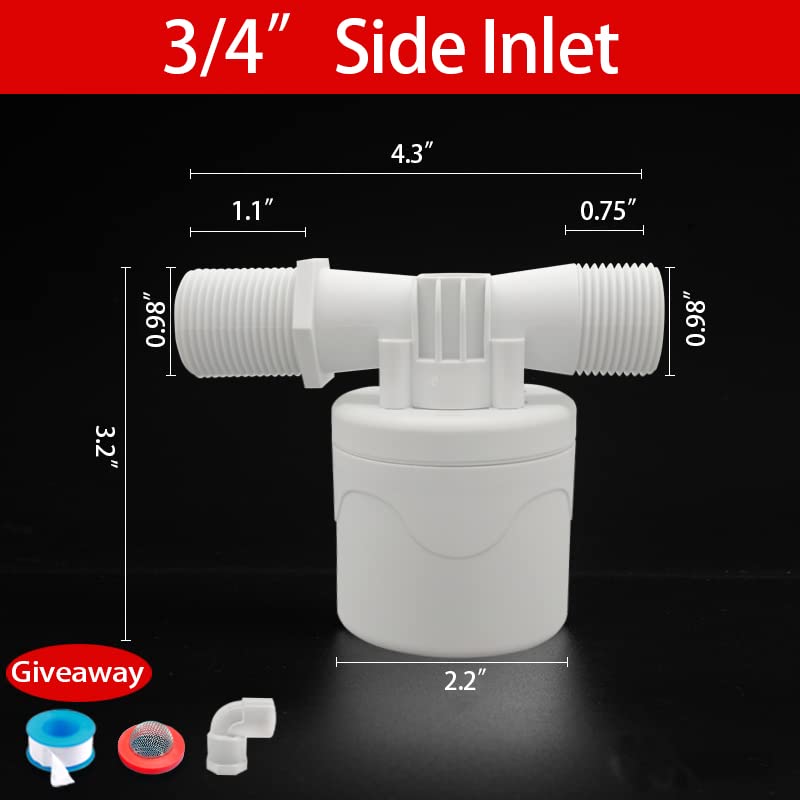 Float Valve Automatic Water Level Shut Off Control Valve Pool Auto Fill Float Valve No Electricity Needed Upgrade Mini Float Valve for Water Tank Tower Cattle Watering Drought (3/4" Side Inlet, White)